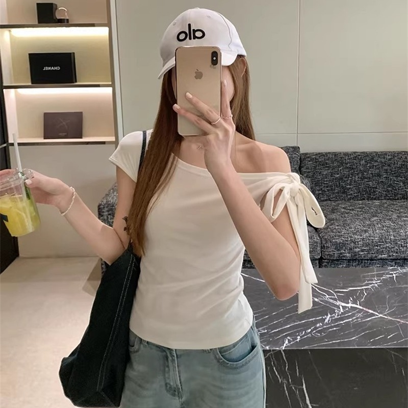 사람들 면 순수한 욕망 바람 나비 넥타이 비스듬한 어깨 단색 여성 의류 봄 레트로 Chic 몸매 가꾸기 쇼트 스타일 오프숄더 맨위