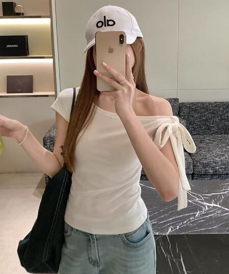 사람들 면 순수한 욕망 바람 나비 넥타이 비스듬한 어깨 단색 여성 의류 봄 레트로 Chic 몸매 가꾸기 쇼트 스타일 오프숄더 맨위