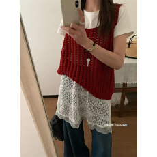 批发实拍高品质<b class='q'>春</b>季新款华夫格子马甲简约通勤休闲百搭镂空针织女上衣