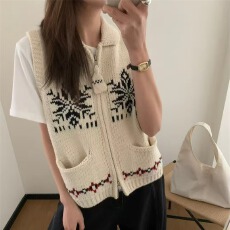 批发实拍高品质韩系费尔岛提花拉链针织马甲开衫女百搭叠穿毛衣背心