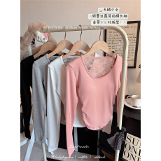 批发2026春季新款甜辣正肩蕾丝拼接<b class='q'>长袖</b>T恤修身显瘦一体式带胸垫百搭