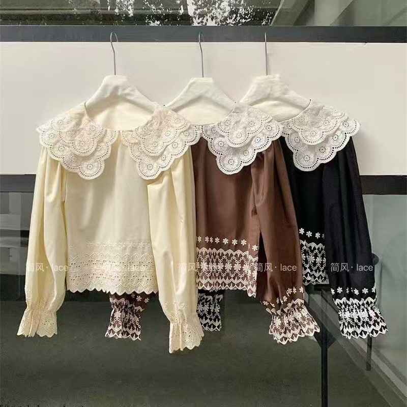 한국 동대문 봄 레트로 자수 레이스 궁정 품격 이중층 레이스 베이비 칼라 나팔 소매 셔츠 여성