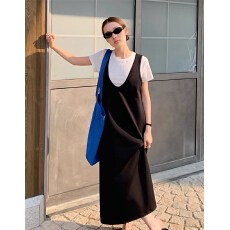 批发韩国东大门夏季短袖白<b class='q'>T</b><b class='q'>恤</b>+背心裙叠穿两件套长裙宽松裙子连衣裙