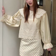 批发韩国东大门春季复古刺绣蕾丝宫廷气质双层蕾丝<b class='q'>娃娃领</b>喇叭袖<b class='q'>衬衣</b>女