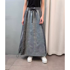 批发千鸟格拼色复古牛仔半身裙女 宽松遮肚显瘦中长款松紧高腰a字裙子