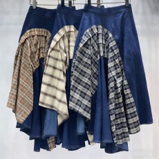 批发时尚休闲高腰显瘦不规则格纹拼接牛仔半身裙春夏新款格子中<b class='q'>长裙</b>