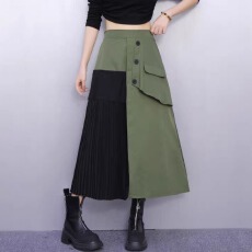 批发小众复古2026春新款时尚半身裙女拼色百褶中长款修身工装风A字裙