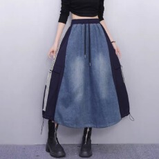 批发2026春夏新款女半身裙复古牛仔拼接系带A字<b class='q'>长裙</b>显瘦时尚气质裙子