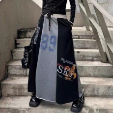 批发拼色高腰半身裙女春夏宽松显瘦松紧高腰字母印花中长款卫衣a字裙