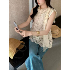批发韩国2026春季新款小香风时尚设计感蕾丝刺绣无袖<b class='q'>假两件</b>背心<b class='q'>衬衫</b>女