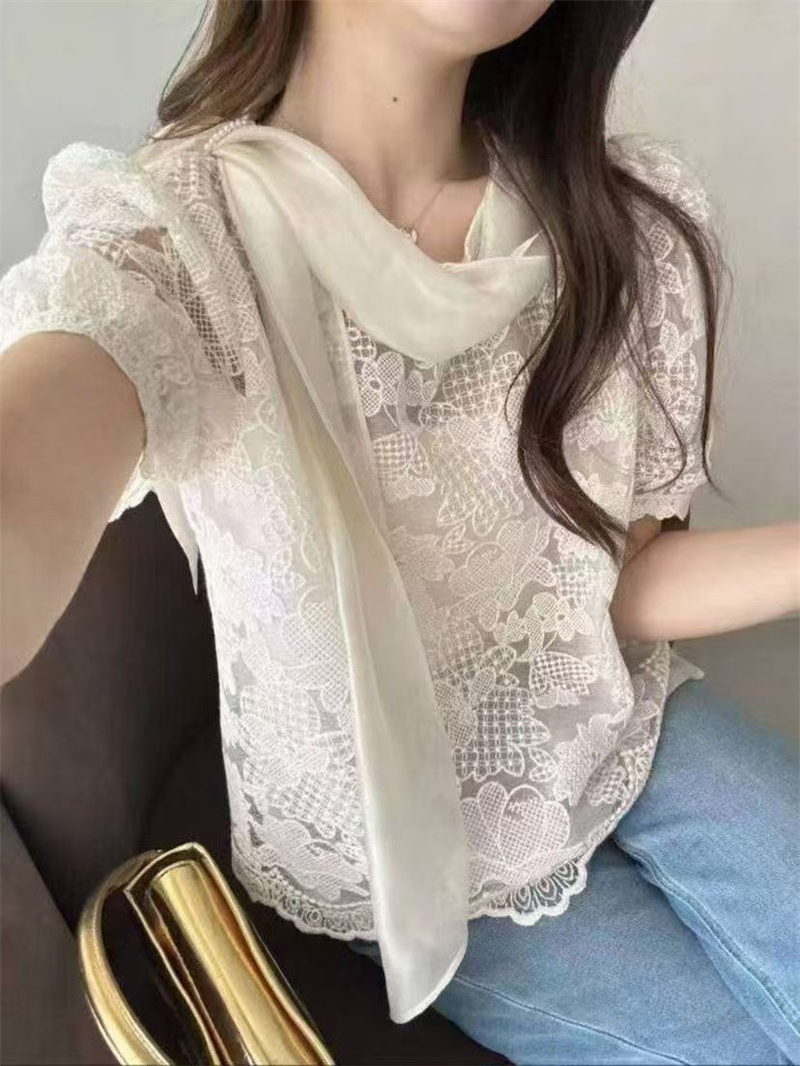 작은 대중 한 바람 디자인 센스 자수 홀로우 아웃 레이스 2026 여름 새로운 프랑스식 반팔 연령 감소 다용도 맨위 여성