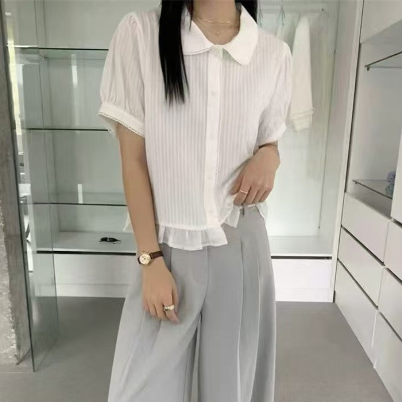 실사 외국 가스 출퇴근 패션 폴로 칼라 레이스 밑단 여성 셔츠 봄 여름 새로운 다용도 느슨함 센스 맨위