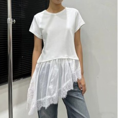 批发韩国东大门春夏新款极简风小众宽松中长款下摆蕾丝短袖<b class='q'>T</b><b class='q'>恤</b>女上衣
