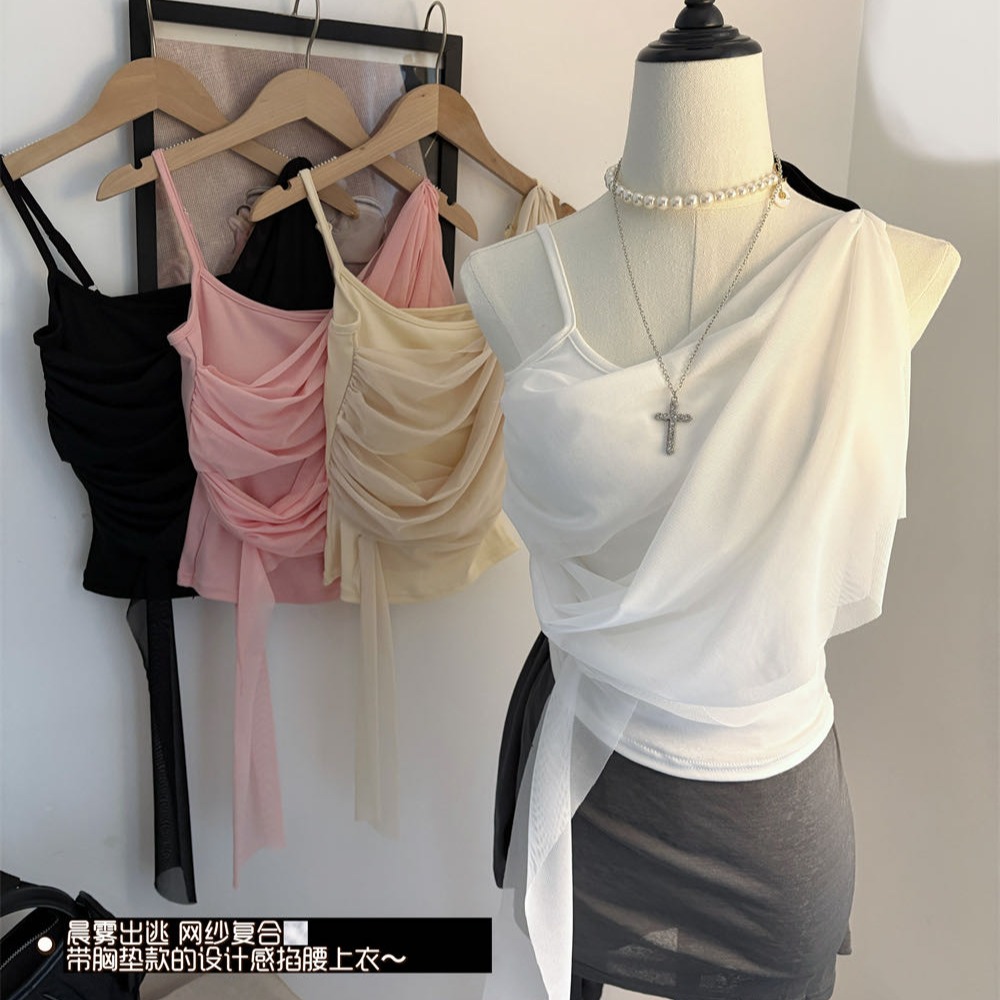 순수한 욕망 바람 디자인 센스 망사 불규칙 패치워크 조끼 슬립 여성 여름 새로운 핫걸 몸매 가꾸기 쇼트 스타일 맨위