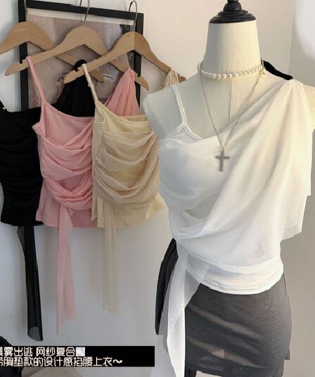 순수한 욕망 바람 디자인 센스 망사 불규칙 패치워크 조끼 슬립 여성 여름 새로운 핫걸 몸매 가꾸기 쇼트 스타일 맨위
