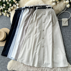 批发实拍韩版通勤高腰A字显瘦半身裙女单排扣中长款腰带<b class='q'>大摆裙</b>淑女风