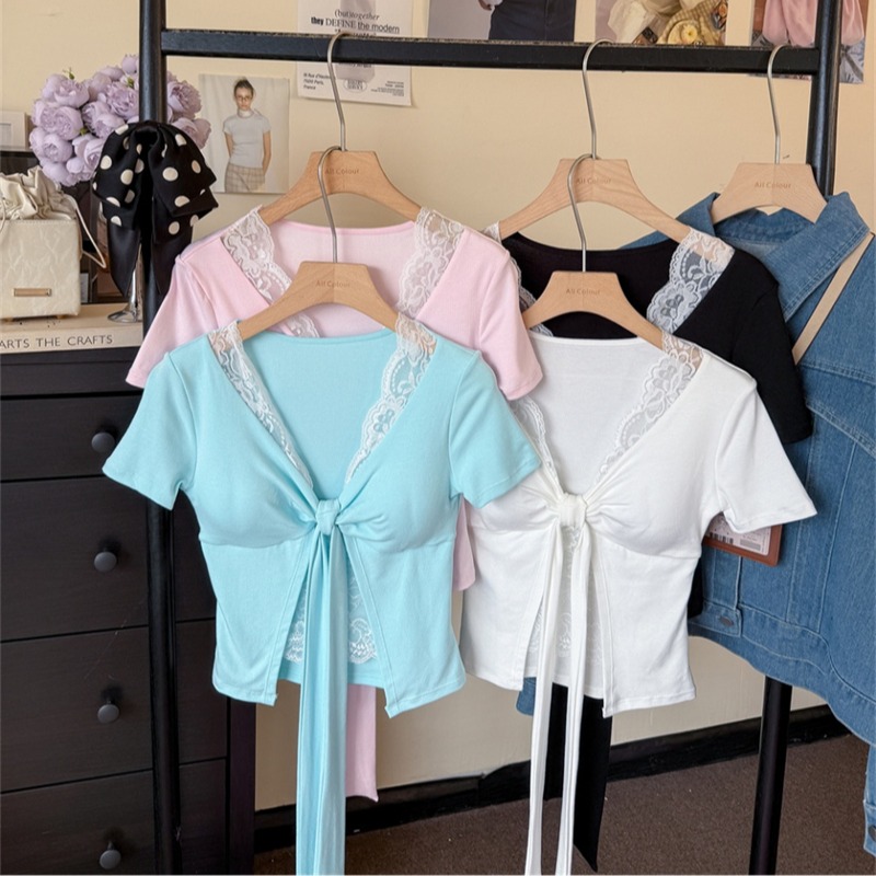 순수한 욕망 섹시함 레이스 측면 나비 넥타이 V넥 반팔 티셔츠 여성 여름 프랑스식 페이크 레이어드 벨트 가슴 패드 의류