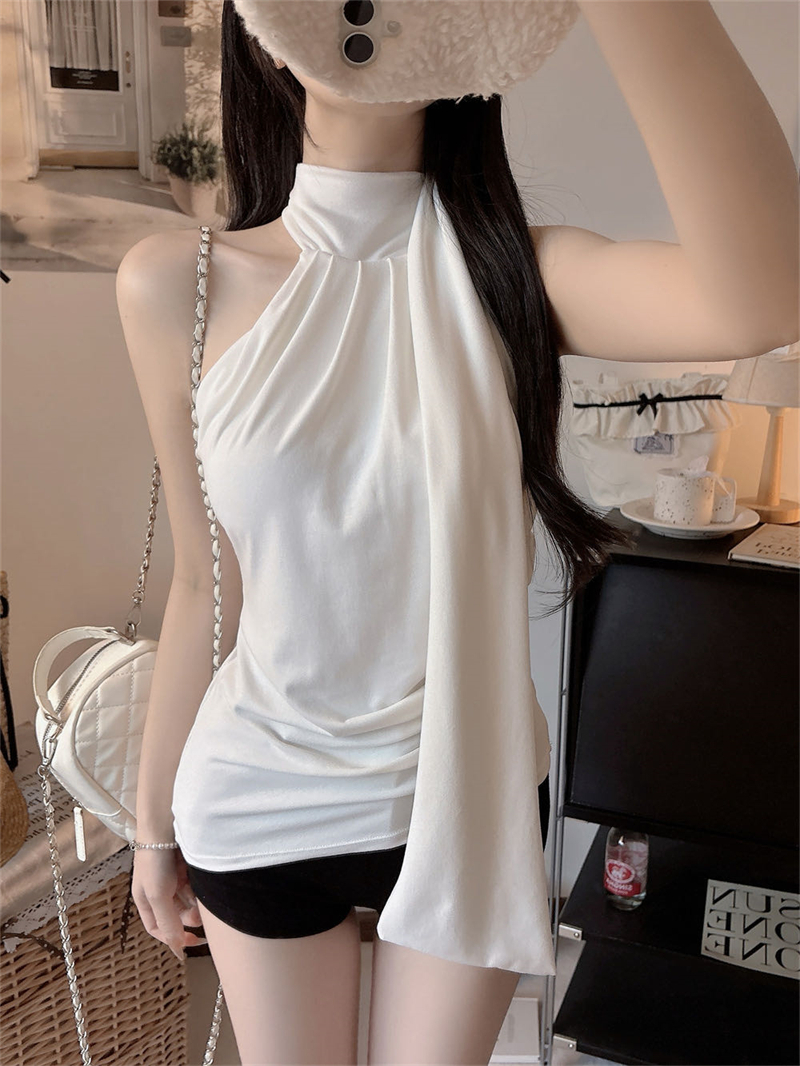 정가 감소되지 않음 리본 민소매 행침 목 조끼 벨트 가슴 패드 여성 백리스 몸매 가꾸기 슬림해 보이는 품격 풀오버 외출용 맨위