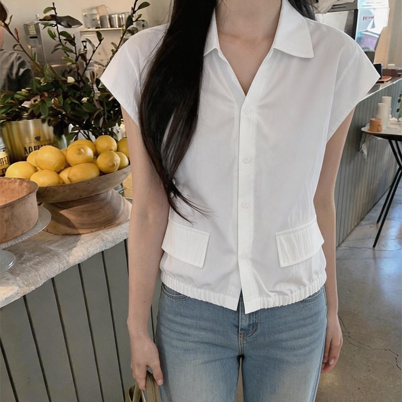 패션 미니멀리즘 아름다운 단색 폴로 칼라 반팔 여성 셔츠 여름 새로운 고유 한 출퇴근 다용도 표지 고기 작은 셔츠