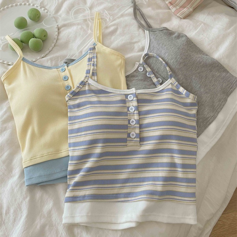 실사 한 부서 도파민 착용 가져 가라. 우유 황색 페이크 레이어드 벨트 가슴 패드 캐미솔 여름 외출용 백리스 맨위