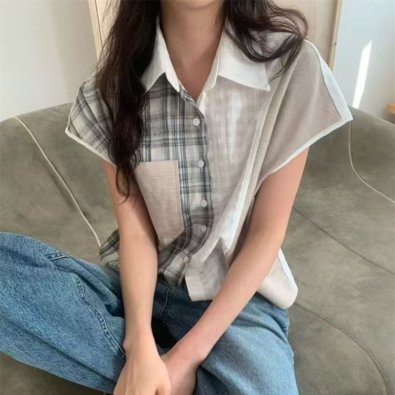 민소매 여성 셔츠 체크무늬 패치워크 2026 여름 새로운 한국 스타일 디자인 센스 루즈핏 배색 폴로 칼라 조끼 맨위