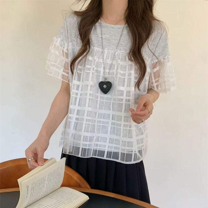 패치워크 망사 페이크 레이어드 반팔 티셔츠 여성 여름 2026 여름 새로운 자이언트 잘 생긴 슬림해 보이는 디자인 센스 맨위