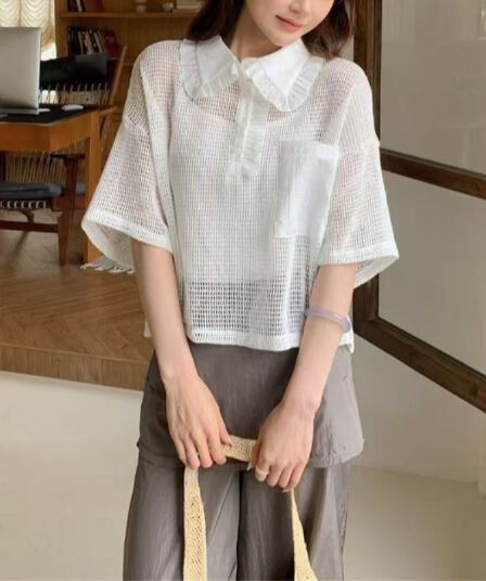 실사 홀로우 아웃 셔츠 여성용 짧은 소매 2026 여름 새로운 한국 스타일 연꽃 잎 프릴 패치워크 베이비 칼라 맨위