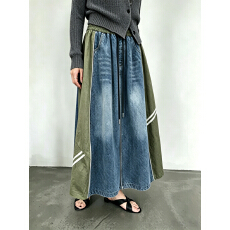 批发实拍夏季撞色时尚拼接牛仔半身裙女松紧腰显瘦系带<b class='q'>百搭</b>A字裙长裙