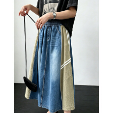 批发实拍夏季撞色时尚拼接<b class='q'>牛仔</b>半身裙女松紧腰显瘦系带百搭A字裙<b class='q'>长裙</b>