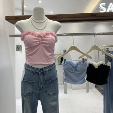 批发甜辣妹吊带<b class='q'>背心女</b>夏季带胸垫性感短款一字肩锁骨立体花朵上衣外穿