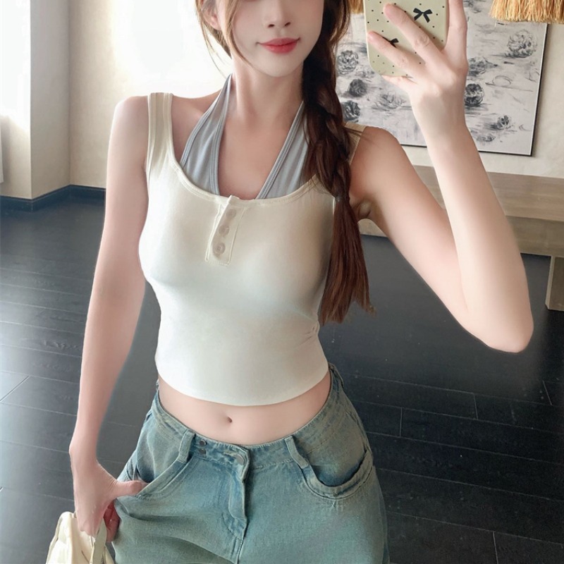 한 부서 단색 페이크 레이어드 u 칼라 작은 슬링 조끼 여성 여름 아름다운 아름다운 고급 센스 민소매 인사이드 잡아라. 의류