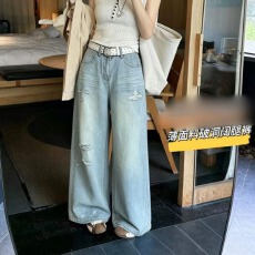 批发实拍<b class='q'>韩版</b>夏季气质时尚百搭宽松浅色水洗破洞裤<b class='q'>女</b>休闲阔腿拖地裤潮