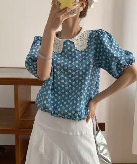 실사 프랑스식 여름 새로운 작은 대중 디자인 품격 레이스 자수 패치워크 홀로우 아웃 베이비 칼라 반팔 셔츠 여성