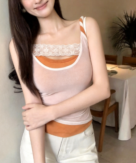 섹시함 레이스 망사 패치워크 페이크 레이어드 캐미솔 여름 벨트 가슴 패드 몸매 가꾸기 인사이드 가져 가라. 디자인 센스 맨위
