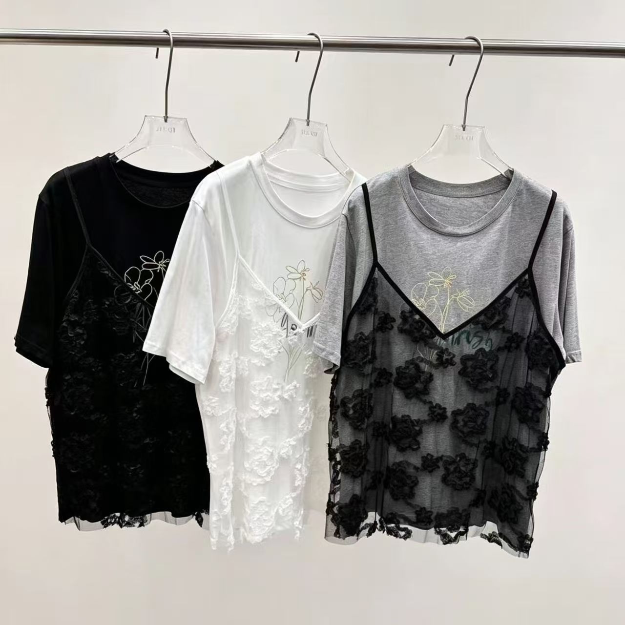 한 부서 패치워크 망사 슬립 페이크 레이어드 반팔 티셔츠 여성 조기 봄 여름 2026 새로운 루즈핏 디자인 센스 맨위