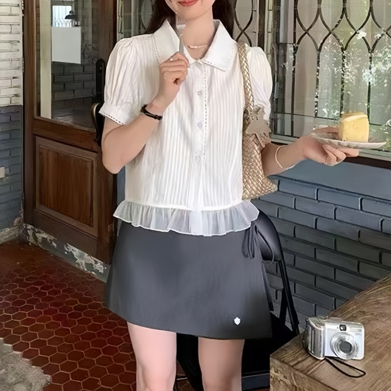 실사 프랑스식 부드러운 바람 베이비 칼라 패치워크 레이스 여성 셔츠 여름 새로운 슬림해 보이는 다용도 고급 맨위 트렌디