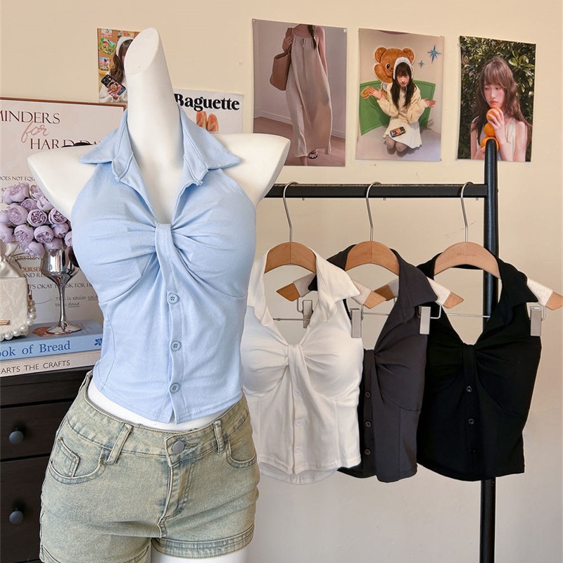 POLO 칼라 행침 목 캐미솔 외출용 여름 나만의 것을 가져와 라. 가슴 패드 핫걸 V넥 민소매 슬림해 보이는 튜브탑 맨위