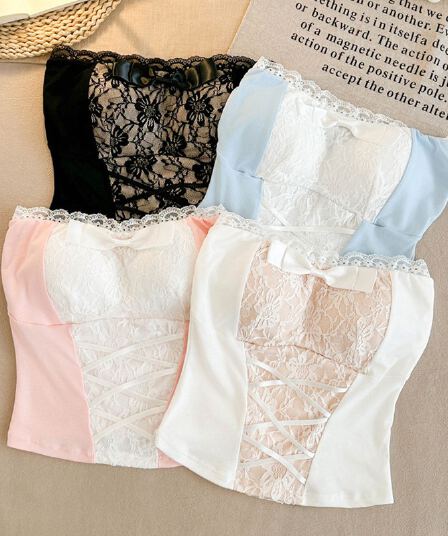 달콤한 핫걸 홀로우 아웃 레이스 레이스 패치워크 나비 매듭 튜브탑 조끼 봄 여름 섹시함 순수한 욕망 바람 켜기 벨트 가슴 패드