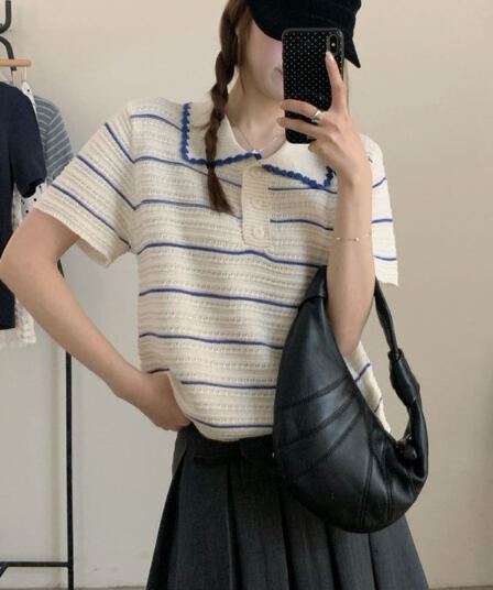 2026 새로운 소녀 센스 배색 스트라이프 polo 셔츠 물결무늬 측면 베이비 칼라 홀로우 아웃 질감 반팔 니트 스웨터