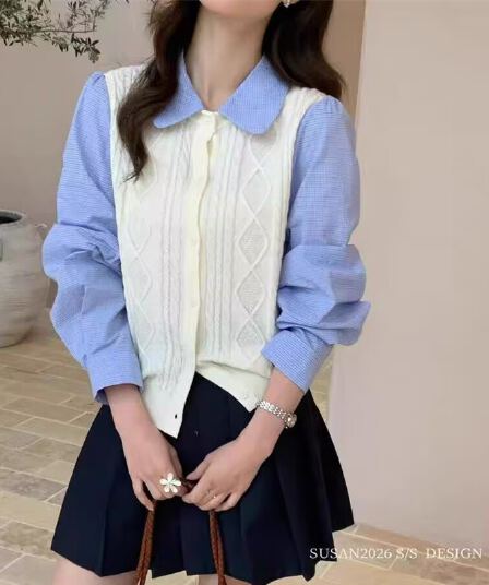 한 부서 학원 스타일 다용도 페이크 레이어드 니트 스웨터 여성 폴로 칼라 긴팔 스택 착용 느긋한 바람 미니멀리즘 가을 맨위 여성