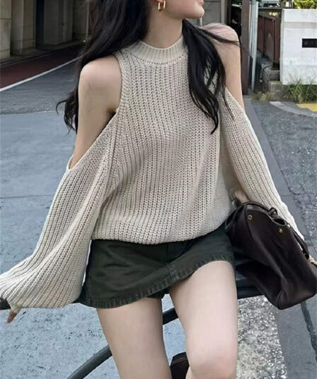 실사 오프숄더 풀오버 스웨터 여자 한국 스타일 느긋한 바람 부드러운 찹쌀 찹쌀 고급 센스 디자인 센스 작은 대중 니트 스웨터 맨위
