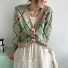 批发实拍毛衣女秋冬小个子复古慵懒风菱格马海毛针织开衫短款外穿上衣