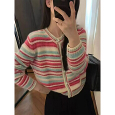 批发实拍韩版马海毛撞色彩虹条纹针织开衫女百搭显瘦毛衣<b class='q'>外套</b>秋季新款