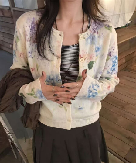 실사 가을 패션 작은 대중 수구 꽃무늬 패턴 니트 오픈 가디건 여성 짧은 슬림해 보이는 긴팔 맨위 스웨터