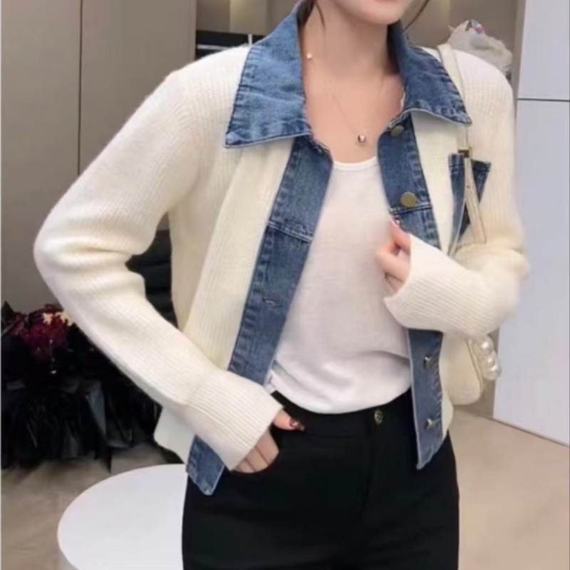 BY33706# 短款高档毛衣外套女秋冬新款时尚复古牛仔拼接毛衣上衣短  服裝批發女裝批發服飾貨源
