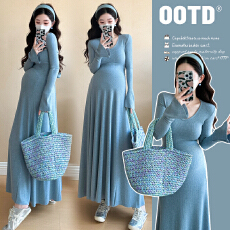 批发实拍  孕妇装秋冬季气质V领长袖针织连衣裙打底裙垂感长裙