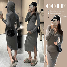 批发实拍 现货～孕妇装秋新款连帽卫衣裙中长款辣妈弹力紧身连衣裙