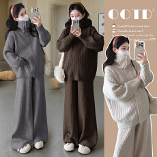 批发实拍现现 慵懒温柔风孕妇套装<b class='q'>秋</b>冬季高领针织毛衣高级感时尚套装