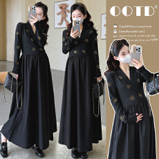 批发实拍 孕妇装秋冬新款时尚感印花赫本风<b class='q'>连衣裙</b>宽松显瘦气质长裙