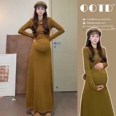 批发现现 孕妇装秋冬新款法式圆领长袖连衣裙<b class='q'>休闲</b>秋冬磨毛长款连衣裙